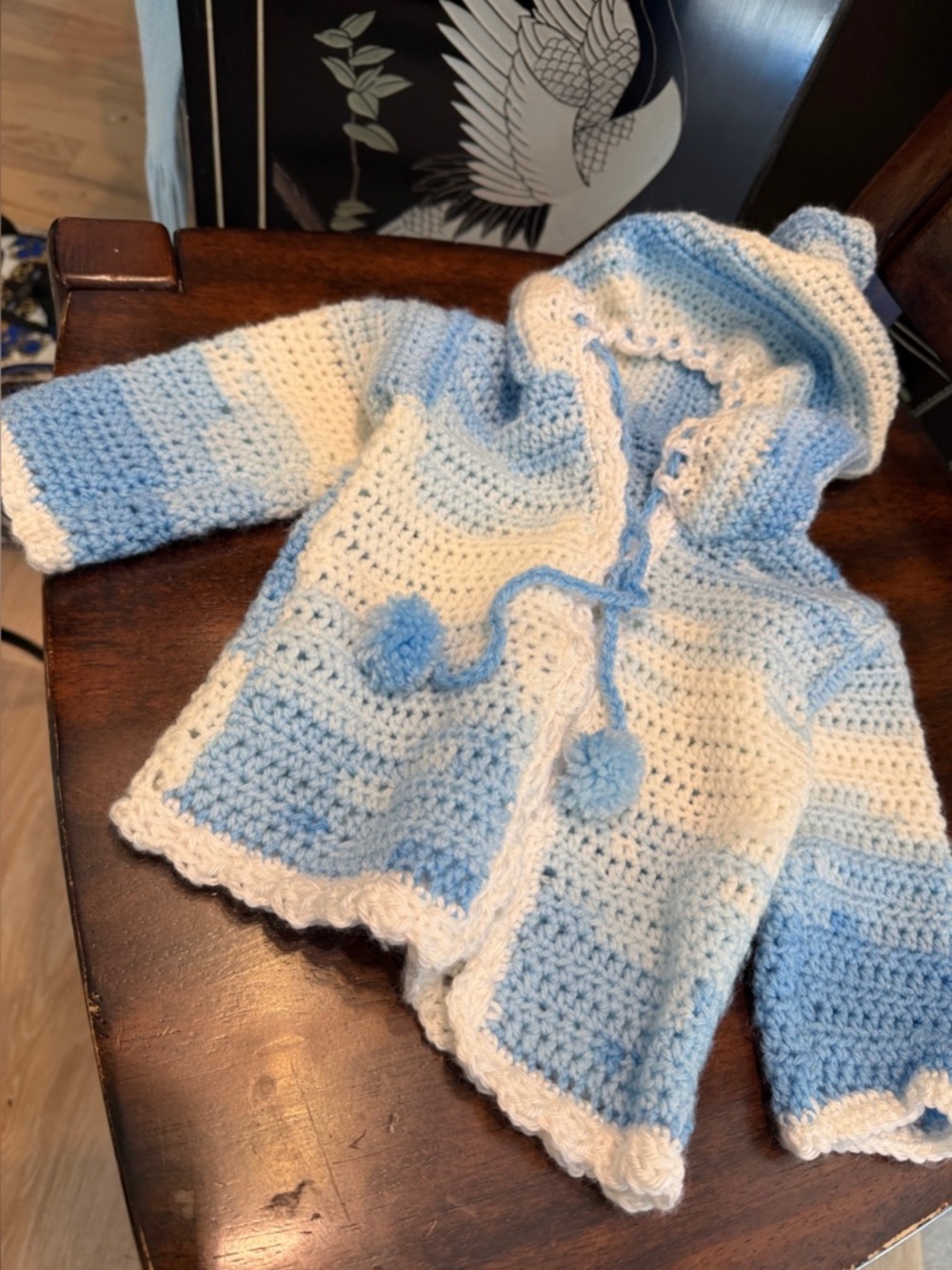 Handmade Blue and White Crocheted Hooded Coat